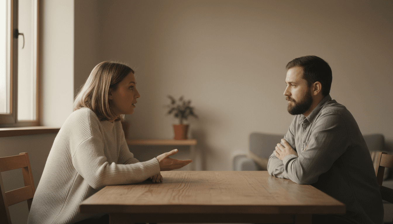 Two people in a quiet room having a tense but civil conversation