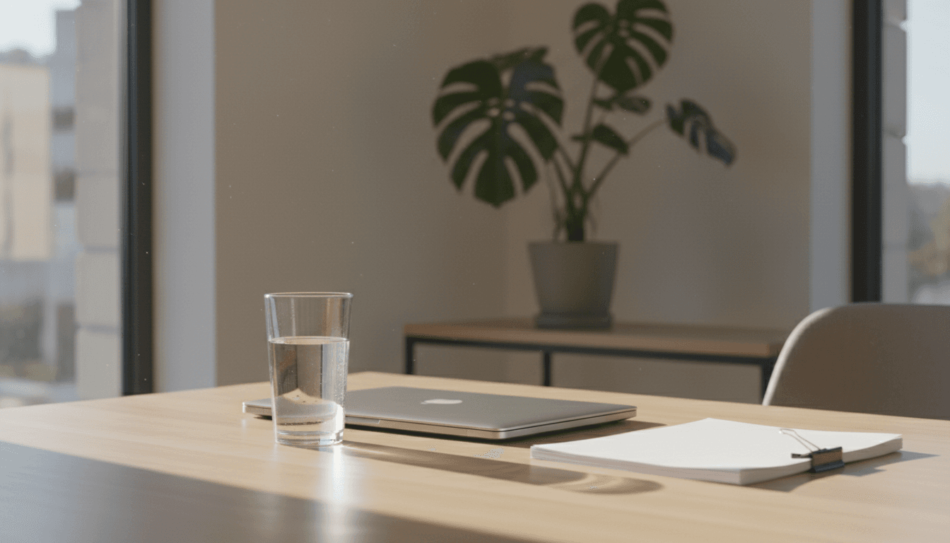 A neatly organized desk with a laptop and paperwork in a quiet professional office