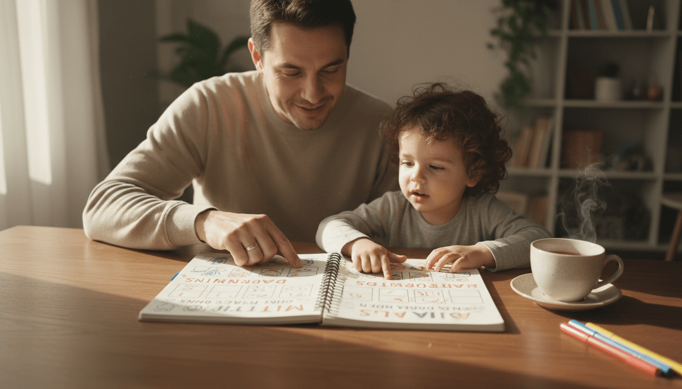 Parent and child reviewing a schedule together at a kitchen table