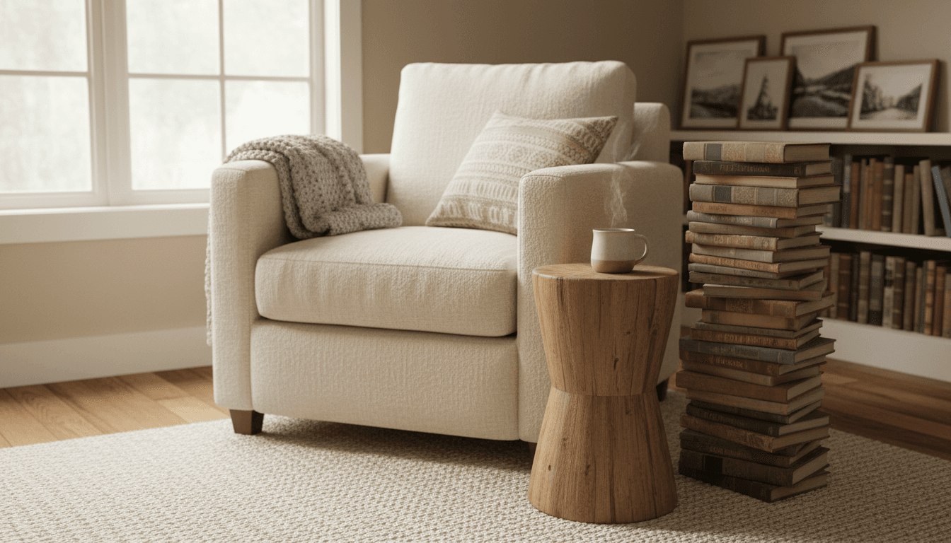 Cozy armchair with stacked books in a sunlit corner, warm and inviting reading space