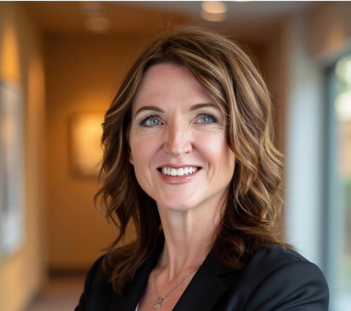 Smiling woman with wavy brown hair and blue eyes wearing a professional black blazer indoors.
